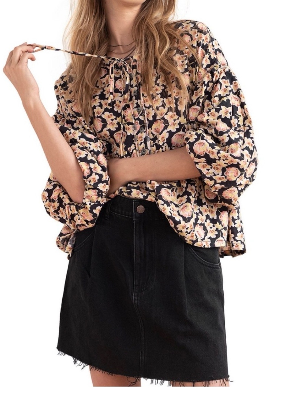 WE THE FREE Highland Floral Printed Puff Sleeve Peasant Top Size Medium